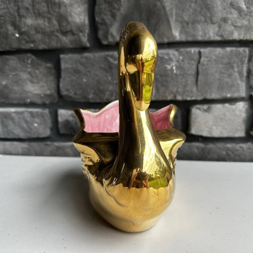 Vintage 1950s Gold Swan MCM Ceramic Planter Trinket Dish Vase Hollywood Regency